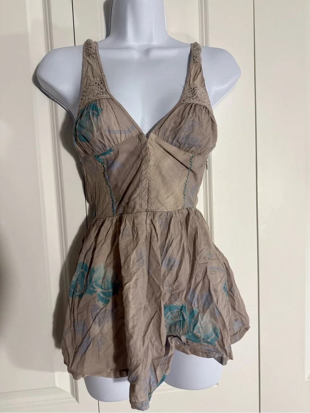 Free People Taupe Top with Teal Floral Accents